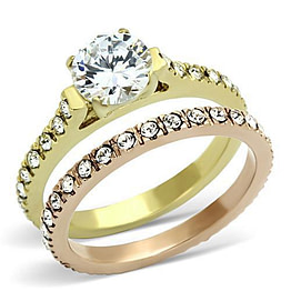 Gold and Rose Gold Ring Set, Gold engagement ring with cz's and rose gold band with cz's