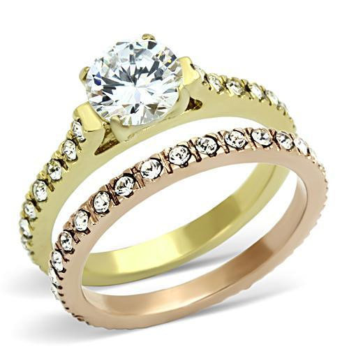 Gold and Rose Gold Ring Set, Gold engagement ring with cz's and rose gold band with cz's