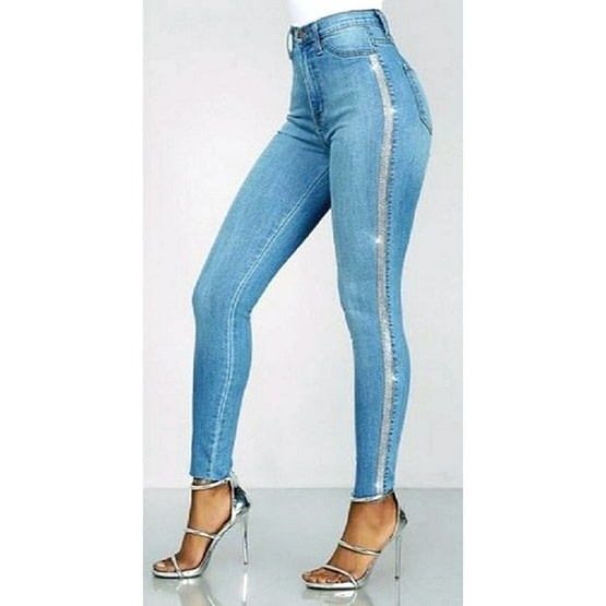 side rhinestone stripe high waisted jeans in light blue