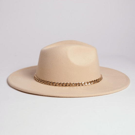 ivory fedora hat with gold chain