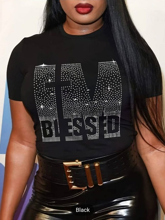 black t-shirt with I'm Blessed in rhinestones