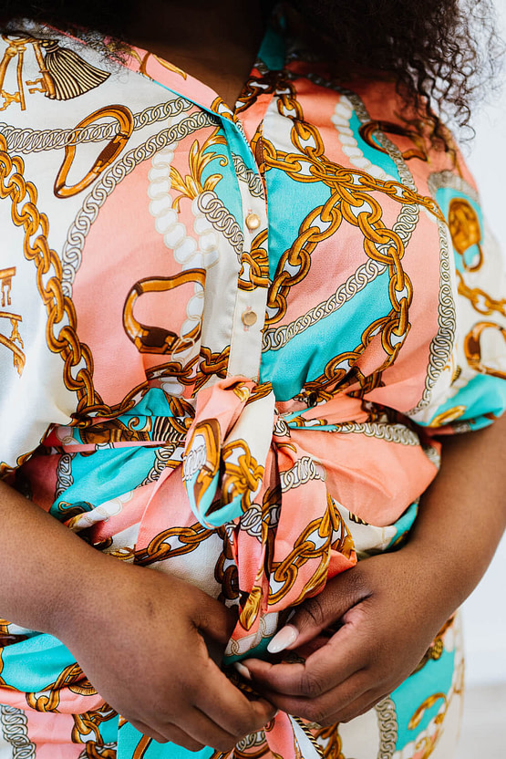 plus size scarf print belted midi dress (close up)