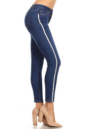 side view of stripe jeans with a rhinestone side stripe