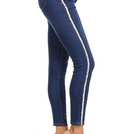 side view of stripe jeans with a rhinestone side stripe