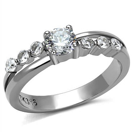 Front view of women's polished round cut stainless steel CZ ring displays a center CZ with smaller CZ's on each side.